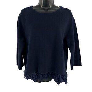 J. Crew Silk Laser Cut Chiffon Fringe‎ 3/4 Sleeve Sweater Top Navy Blue Small